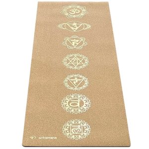 Tapis de yoga antidérapant tri plis liège - 7 chakras impression Or